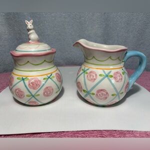 Floral Ceramic Creamer and Sugar Set with Bunny Lid